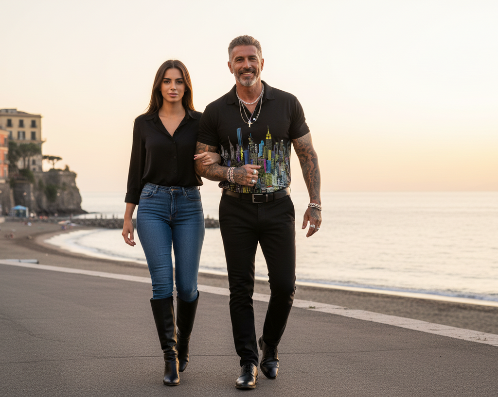 Two people walking along a coastal path with man wearing a Loria NYC Art black polo shirt with water in the background