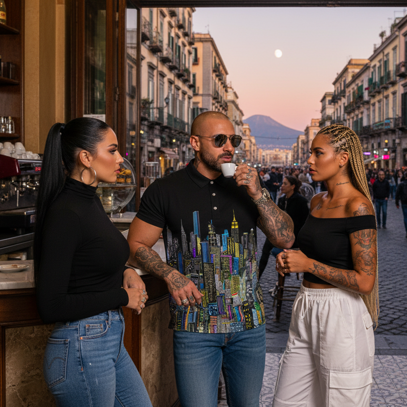 Man wearing black city scape Loria NYC Art polo shirt with city scape design having coffee with two girls