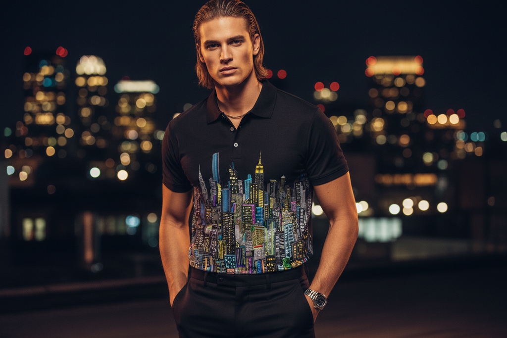 Man wearing a black polo shirt with a colorful cityscape Loria NYC Art design against a night cityscape background