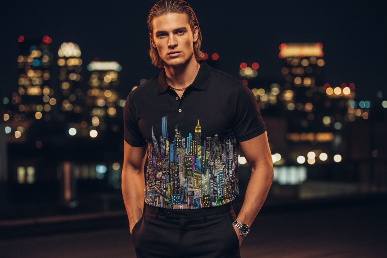 Man wearing a black polo shirt with a colorful cityscape Loria NYC Art design against a night cityscape background