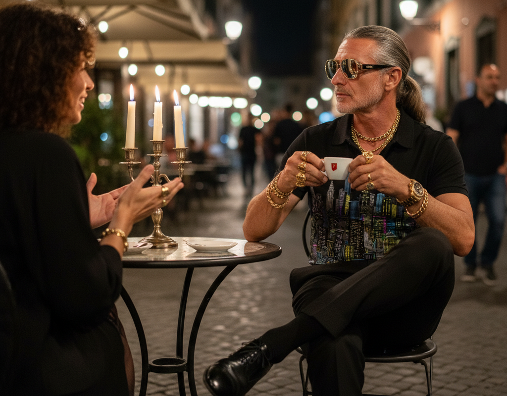 Two people sitting at a table in an outdoor setting, one wearing a Loria NYC Art polo shirt holding a glass and the other a cup.