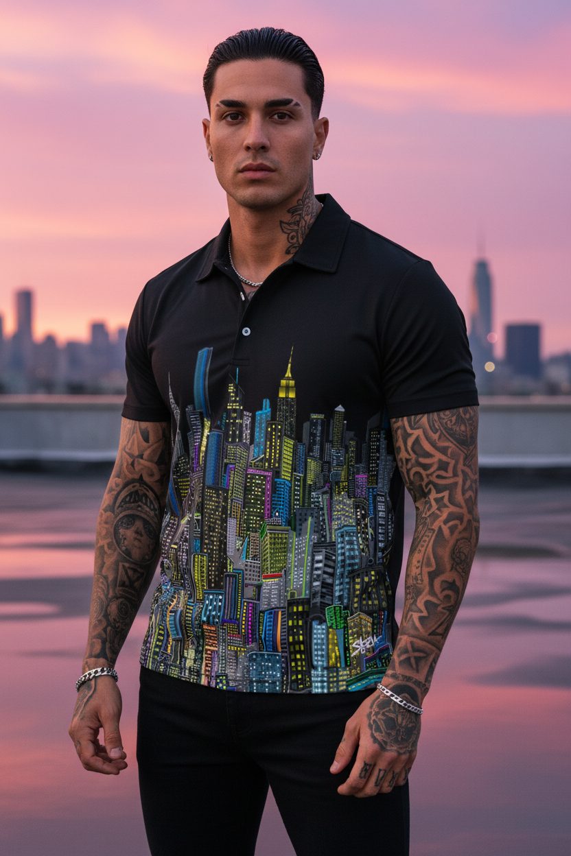 Man wearing a black polo shirt with a colorful Loria NYC Art cityscape design against a city skyline at sunset.