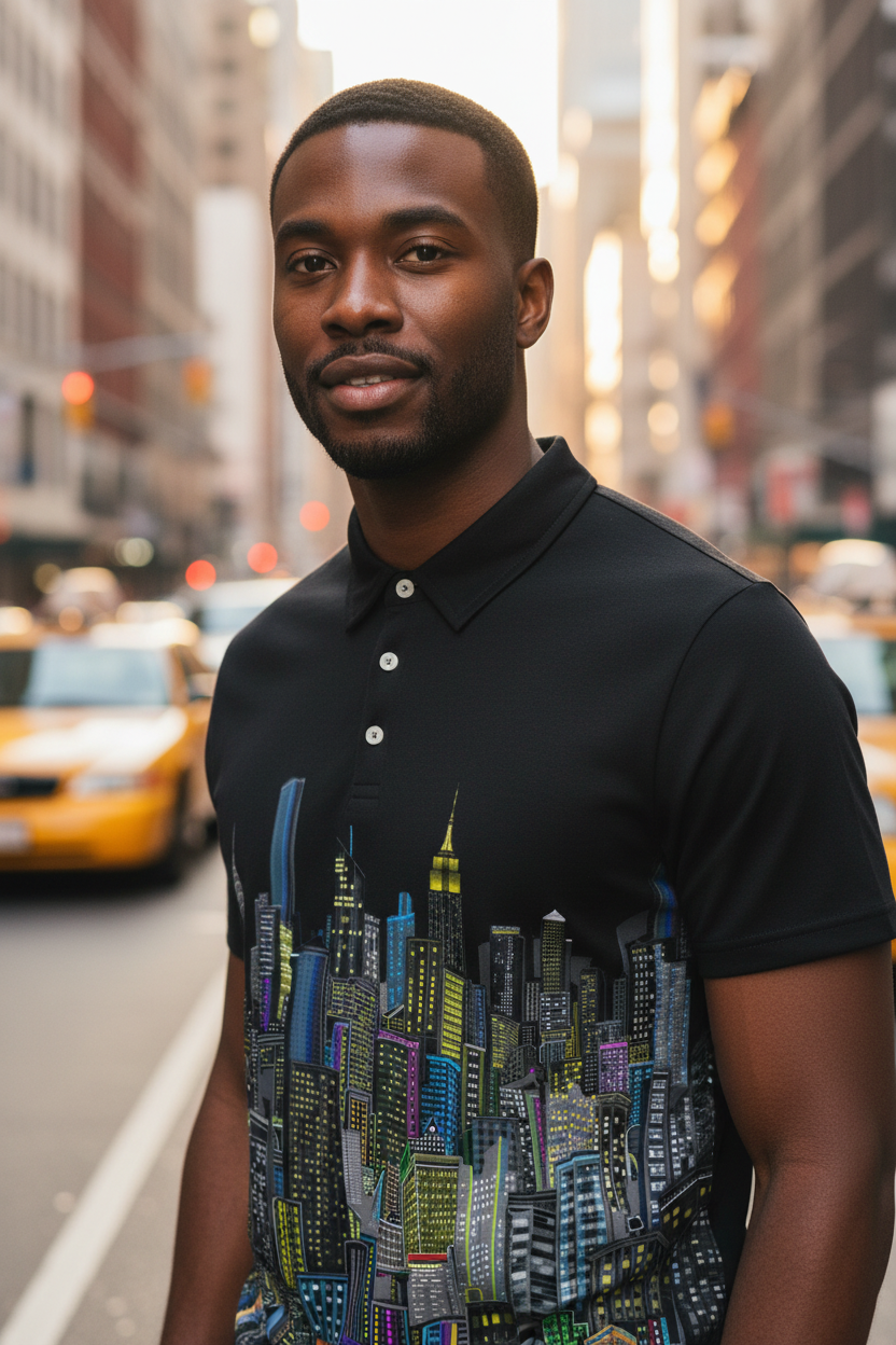 Man wearing a black polo shirt with a colorful Loria NYC Art cityscape design on a city street.