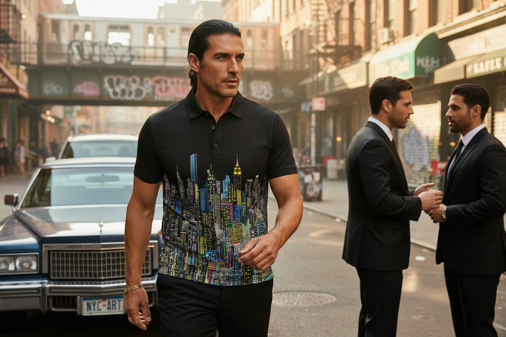 Man in a stylish  Loria NYC Art shirt standing on a city street with two other men in suits.