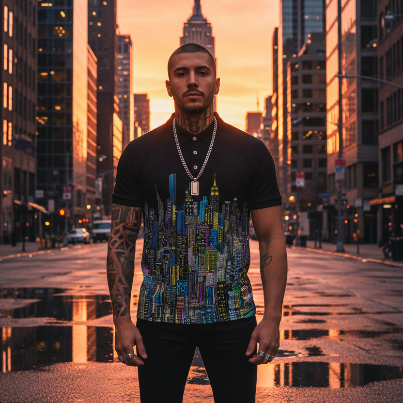 Man wearing a black polo shirt with a Loria NYC Art designed shirt standing on a city street at sunset with tall buildings in the background