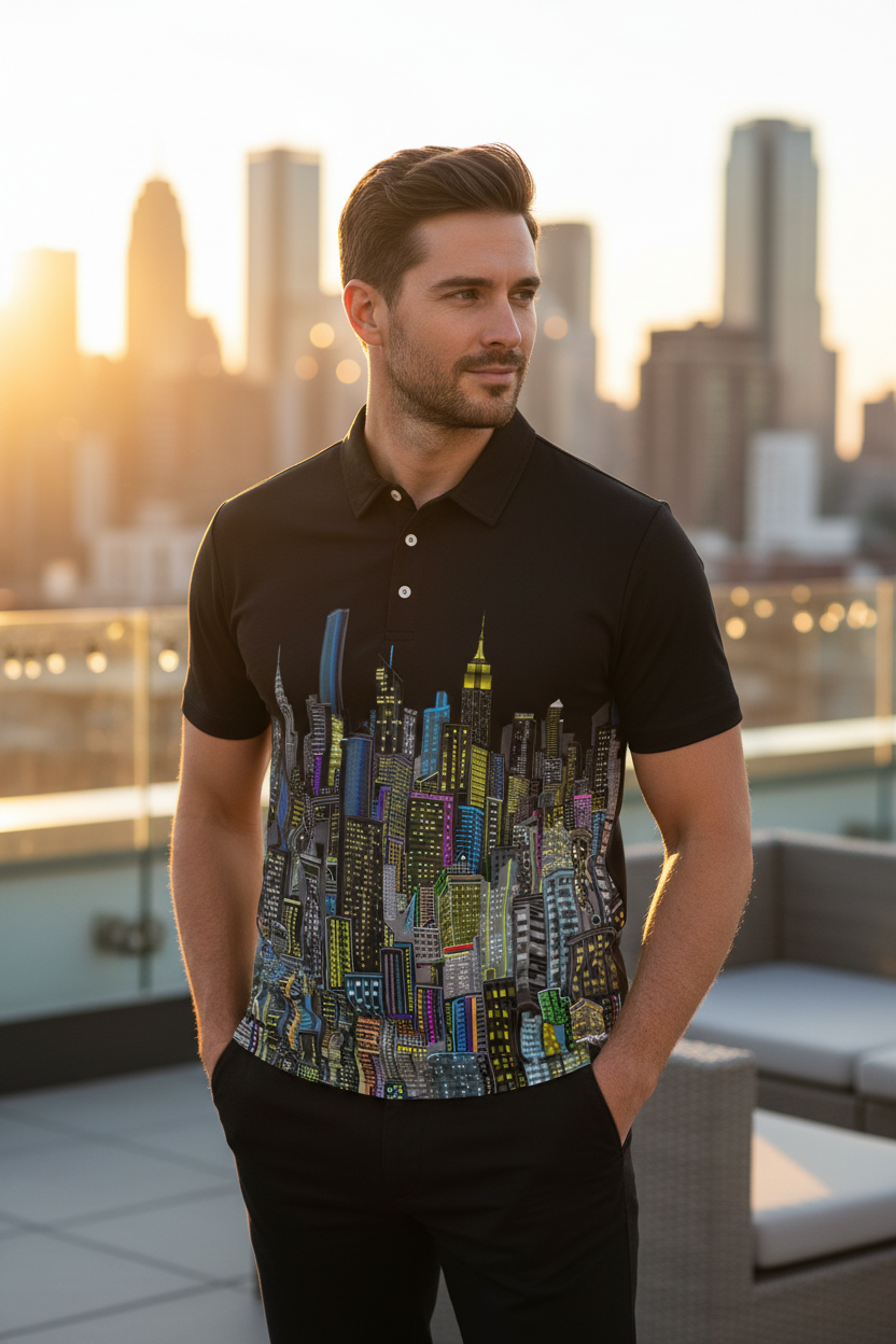 Man wearing a black polo shirt with a cityscape Loria NYC Art design on a rooftop with city skyline in the background.