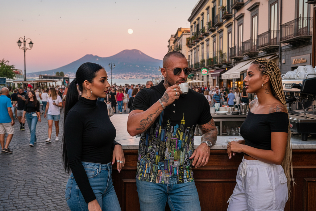 Man wearing a Loria NYC Art polo shirt with two girls standing on a street with Vesuvius in the background