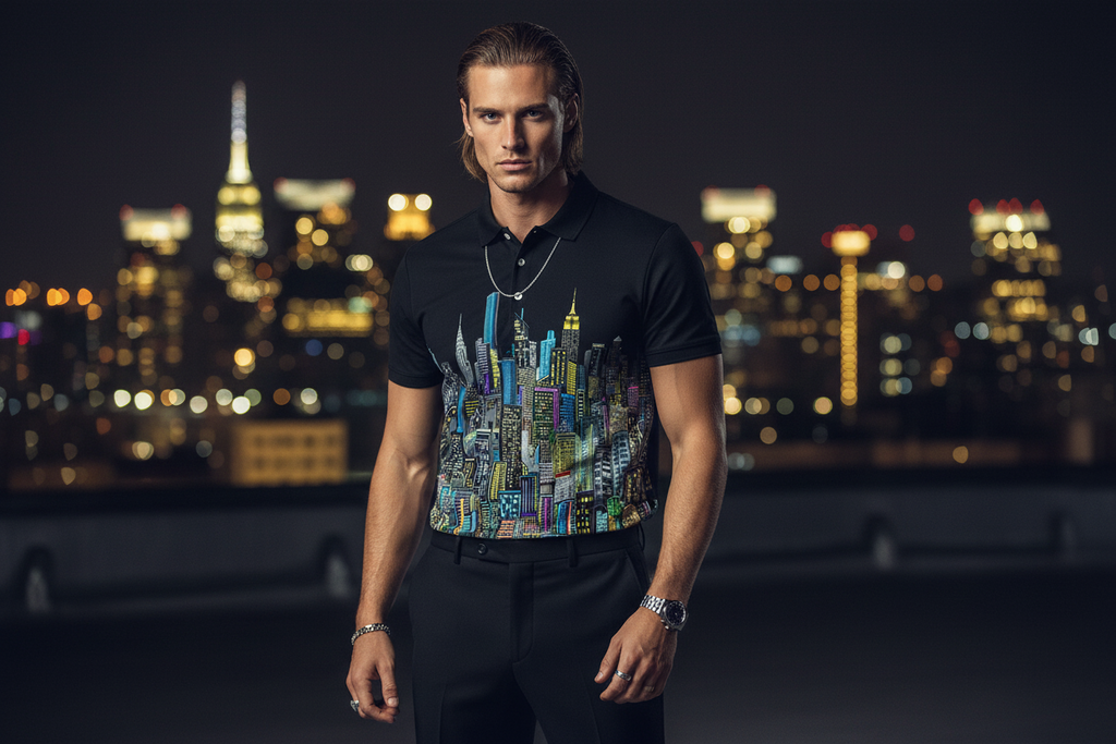 Man wearing a black polo shirt with a colorful cityscape  Loria NYC Art design against a night cityscape background.
