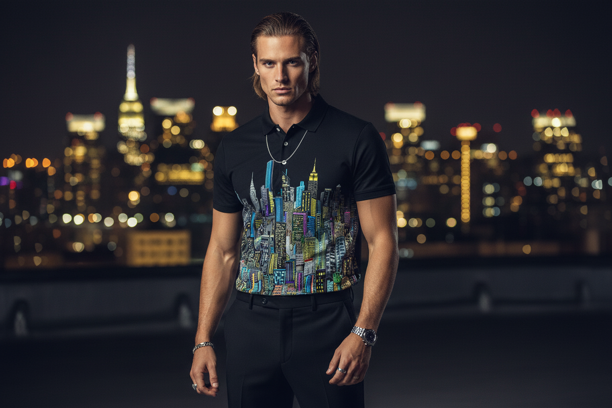 Man wearing a black polo shirt with a colorful cityscape  Loria NYC Art design against a night cityscape background.