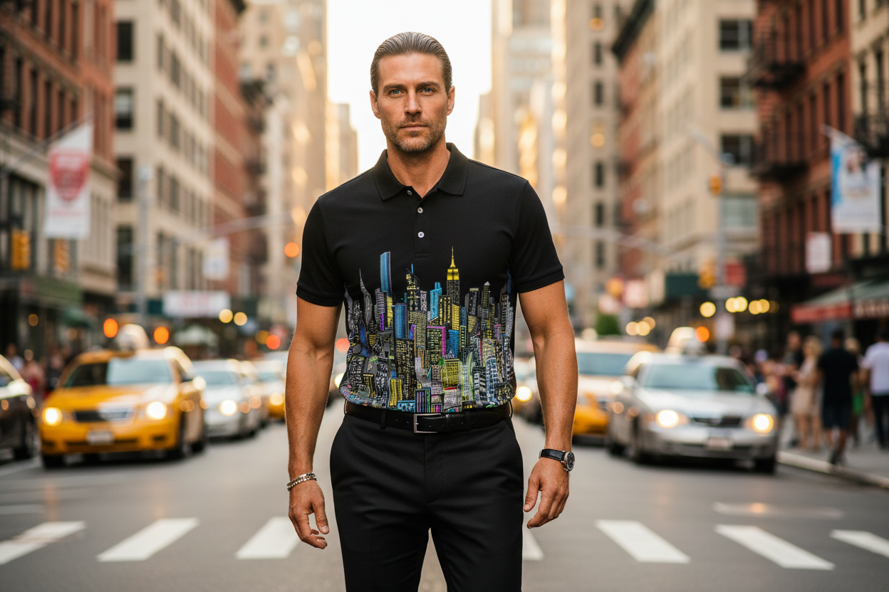 Man standing on a busy city street wearing a black polo shirt with a colorful cityscape Loria NYC Art design.