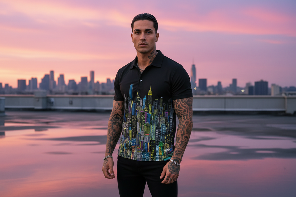 Man wearing a black shirt with a colorful cityscape Loria NYC Art design on a rooftop at sunset.