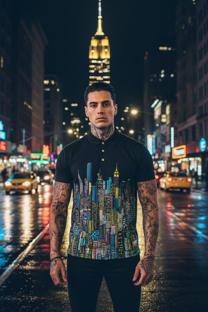 Man wearing a black Loria NYC Art polo shirt with the city skyline in the background.