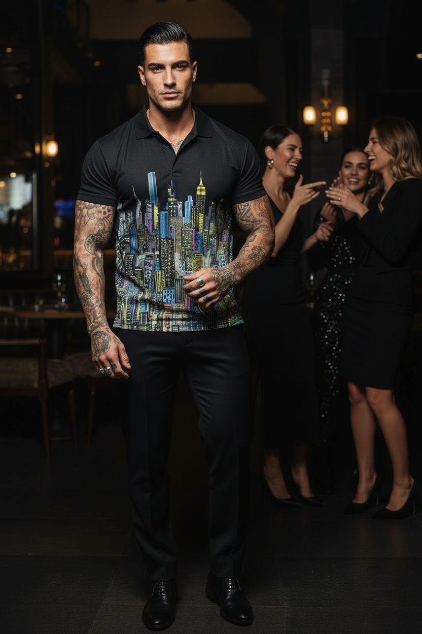 Man wearing a black t-shirt with a colorful cityscape Loria NYC Art design, standing in a dimly lit room with people in the background.