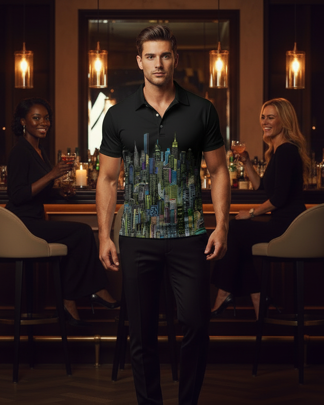 Man wearing a black shirt with a Loria NYC Art cityscape design in a bar setting