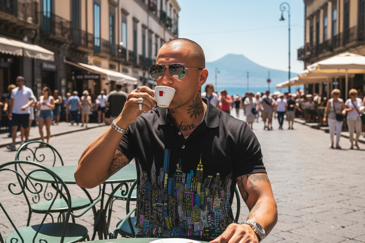 Man wearing a Loria NYC Art designed shirt in an outdoor setting with people and buildings in the background
