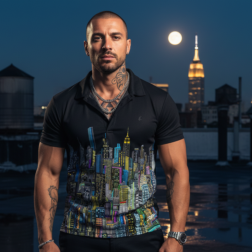 Man wearing a black cityscape Loria NYC Art polo shirt standing on a rooftop with a city skyline and moonlit sky in the background 
