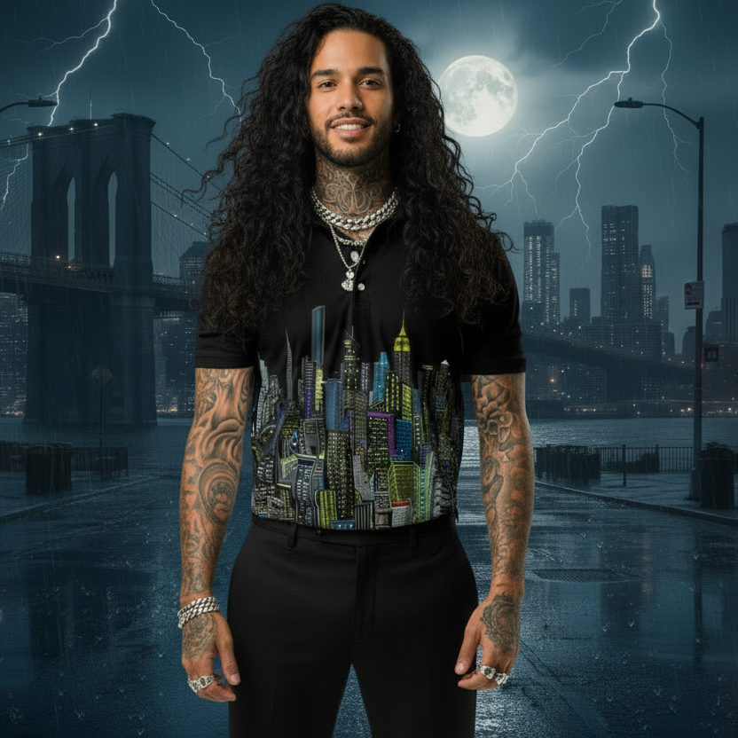 Man wearing a black polo shirt with a Loria NYC Art cityscape design with night tme urban scene