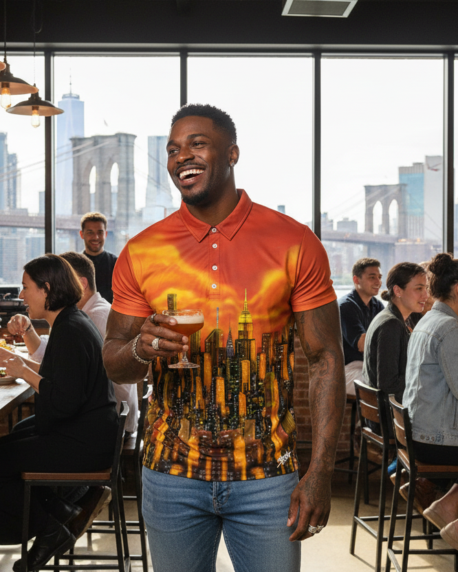 Man in a colorful Loria NYC Art shirt standing in a restaurant with a cityscape view