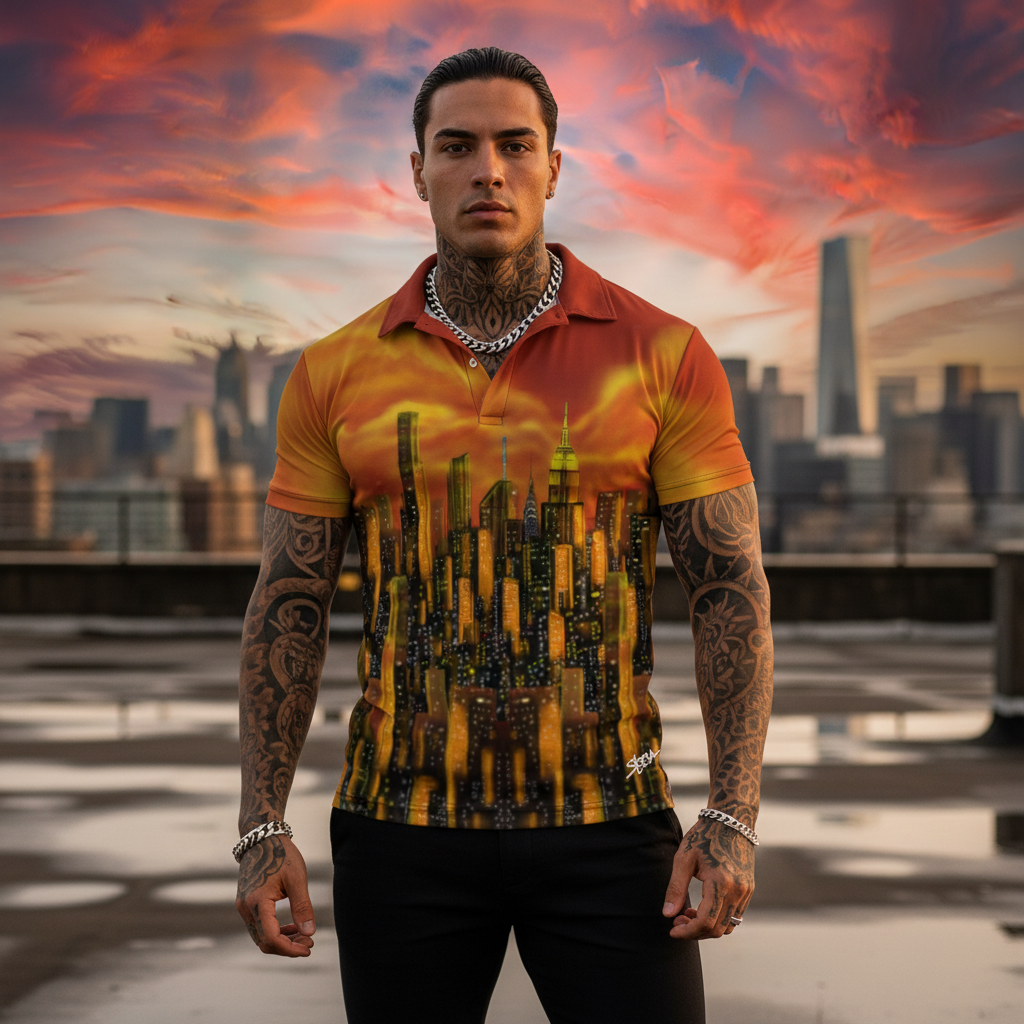 Man wearing a colorful shirt with cityscape Loria NYC Art design against a city skyline at sunset