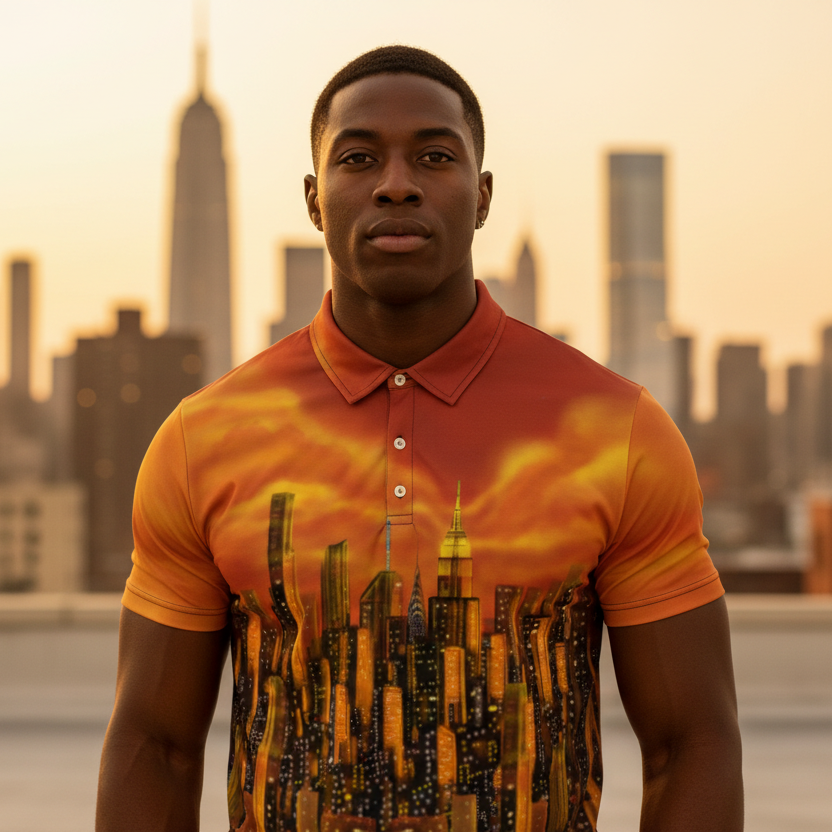 Man wearing an orange Loria NYC Art polo shirt with a cityscape design in front of a city skyline.