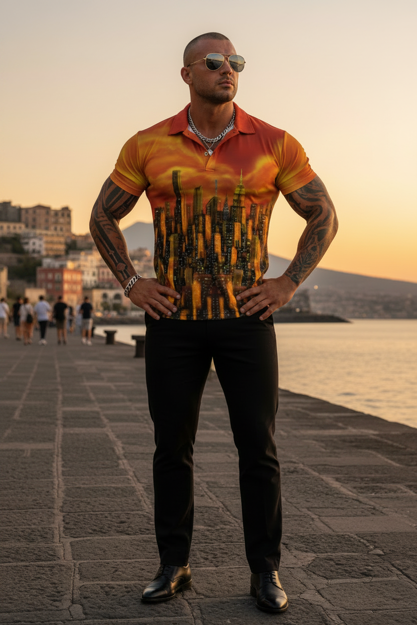 Man wearing a Loria NYC Art orange skyline shirt in the sunset  
