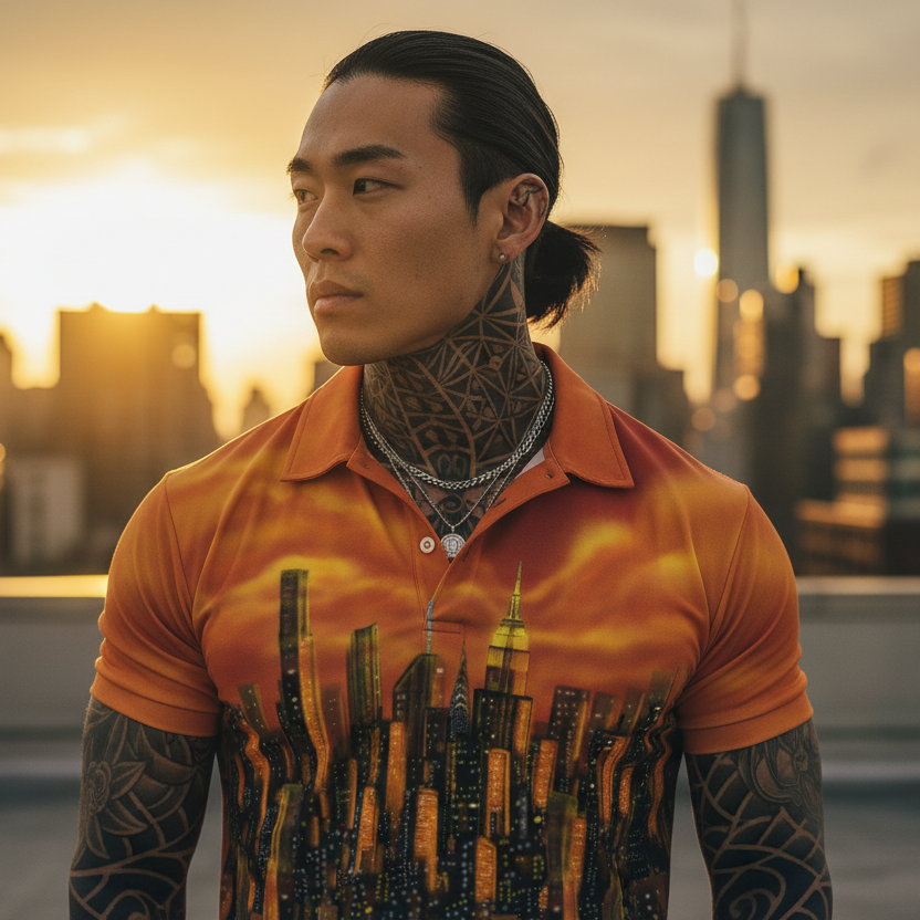 Man with tattoos wearing an orange Loria NYC Art shirt with cityscape design on a rooftop with city skyline in the background
