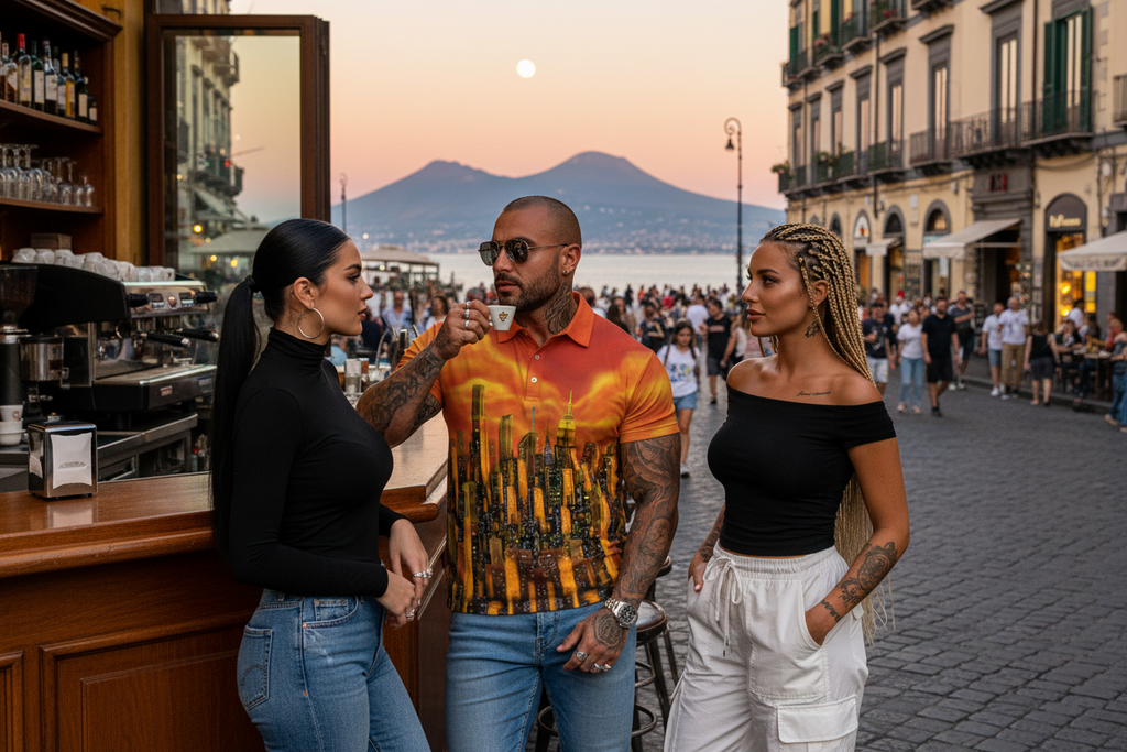 Man wearing vibrant orange NYC Art polo shirt with two women standing on a street with a mountain view in the background