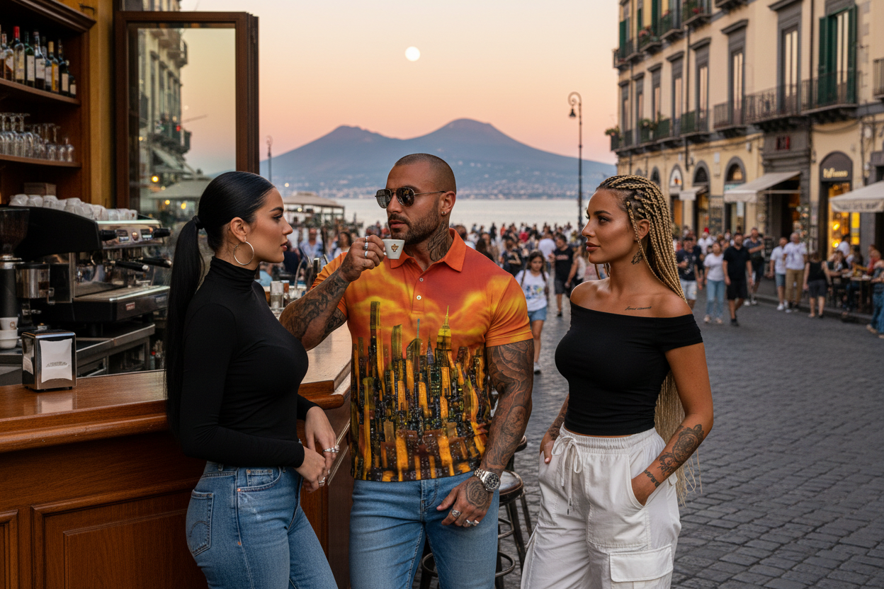 Man wearing vibrant orange NYC Art polo shirt with two women standing on a street with a mountain view in the background