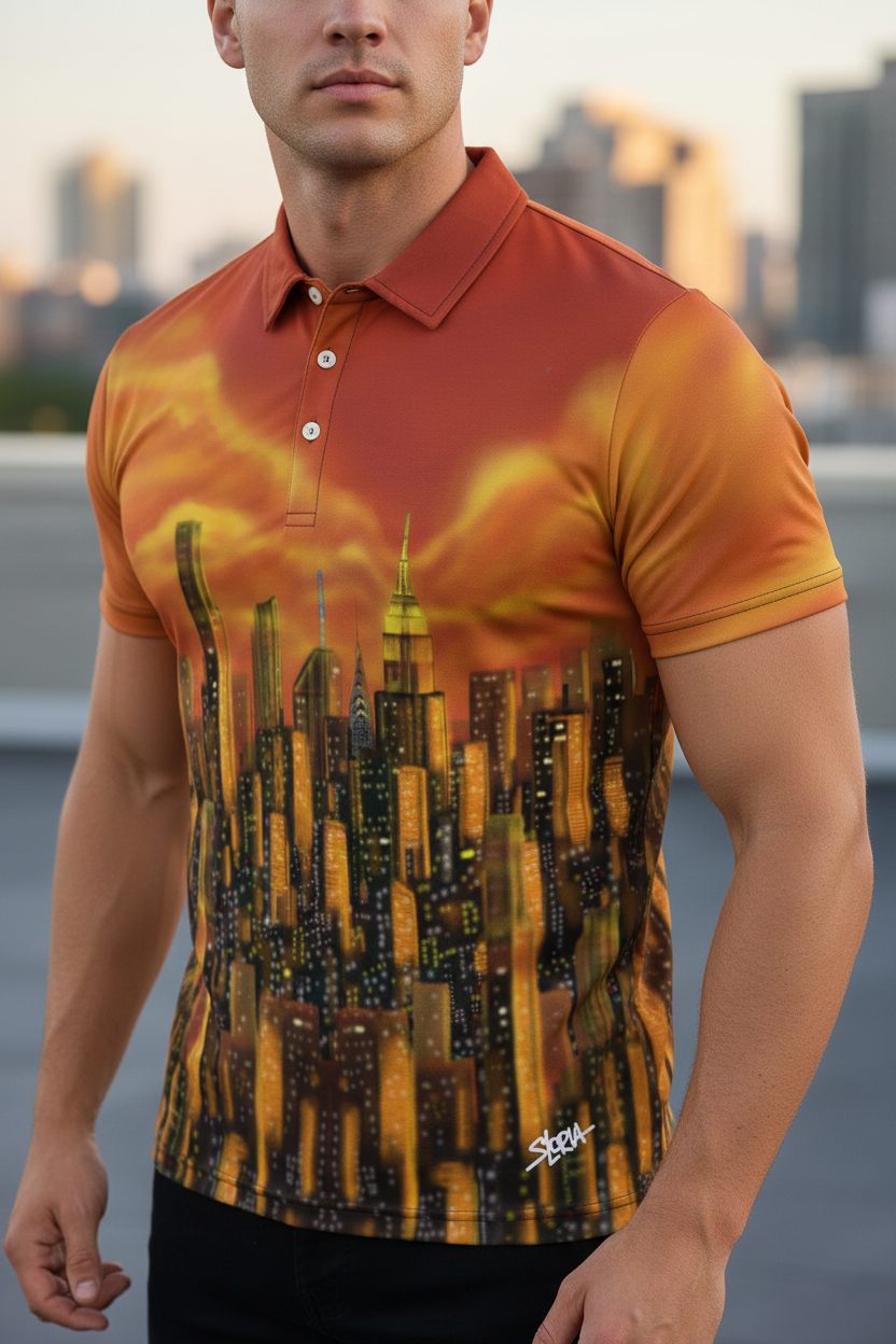Man wearing sunset themed Loria NYC Art polo shirt standing on a roof