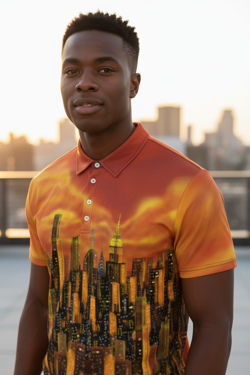 Man wearing orange polo shirt with Loria NYC Art skyscrape at sunset 