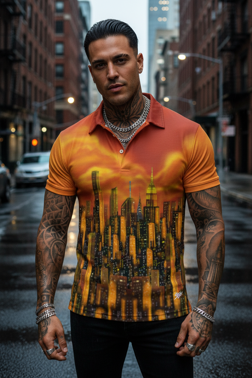 Man wearing a vibrant orange shirt with a cityscape Loria NYC Art design on a city street.