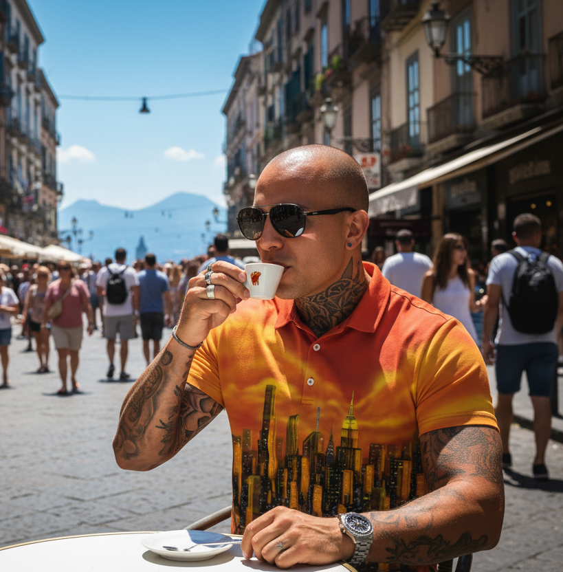Man drinking coffee in a bustling city street with mountains in the background
