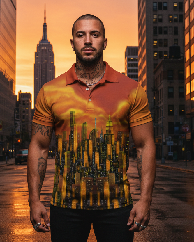 Man wearing a Loria NYC Art shirt with cityscape design on a city street at sunset.