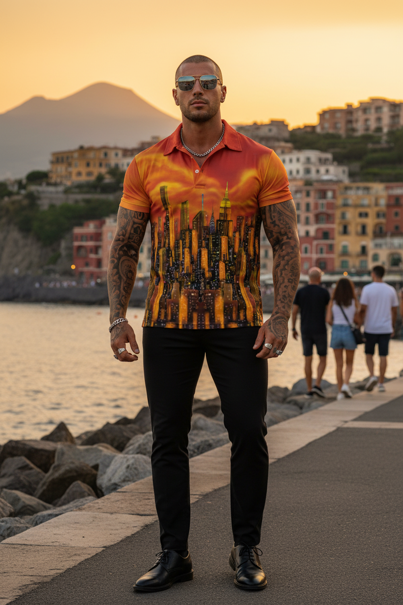 Man wearing a Loria NYC Art orange polo shirt in Italy setting 