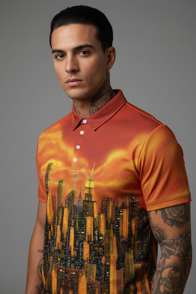 Man with tattoos wearing orange city skyscraper Loria NYCA Art polo shirt 