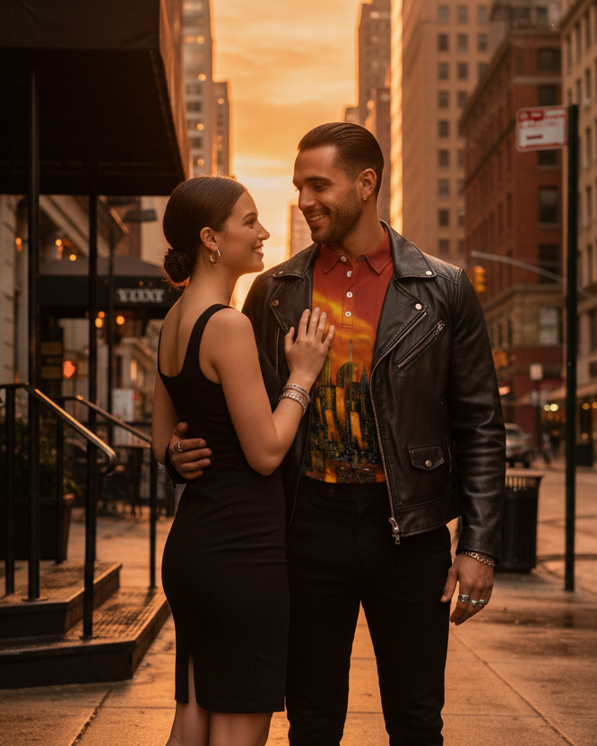 Man it’s girl wearing a colorful polo shirt with a cityscape Loria NYC Art design on a urban sunsetting background