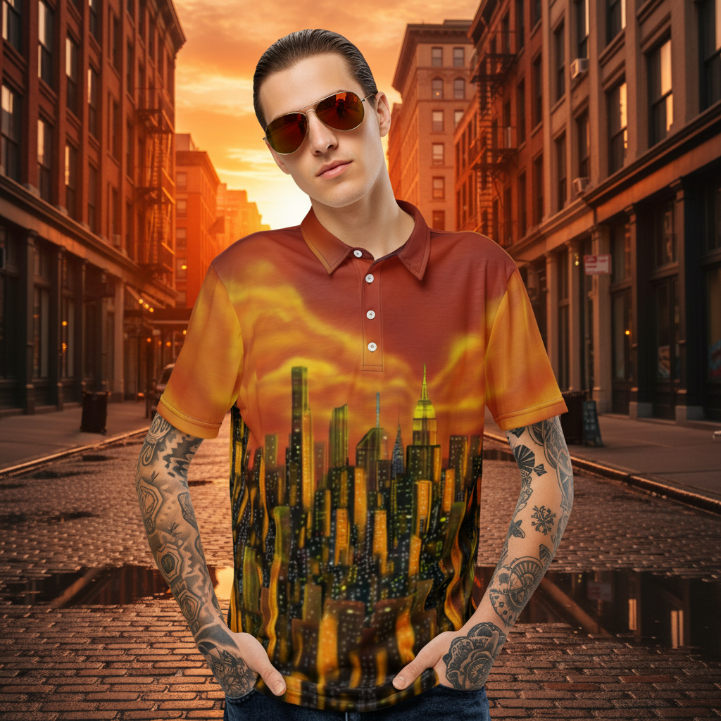 Person wearing a shirt with a Loria NYC Art cityscape design on a urban street background