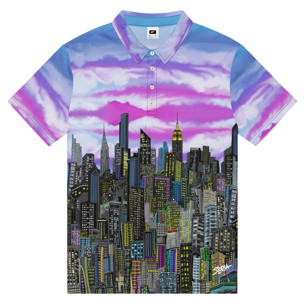 Polo shirt with cityscape Loria NYC Art  colorful design on a white background 