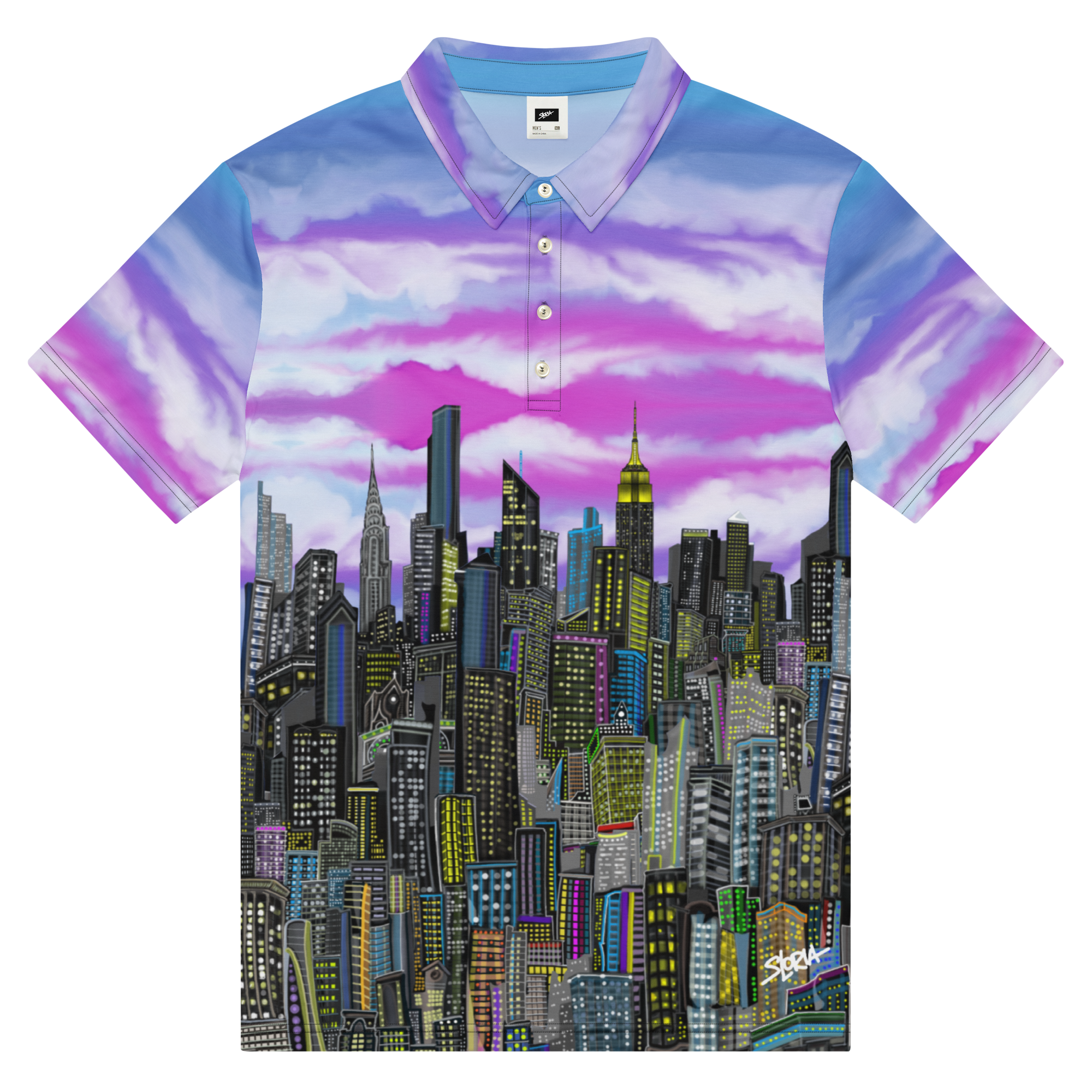 Polo shirt with cityscape Loria NYC Art  colorful design on a white background 