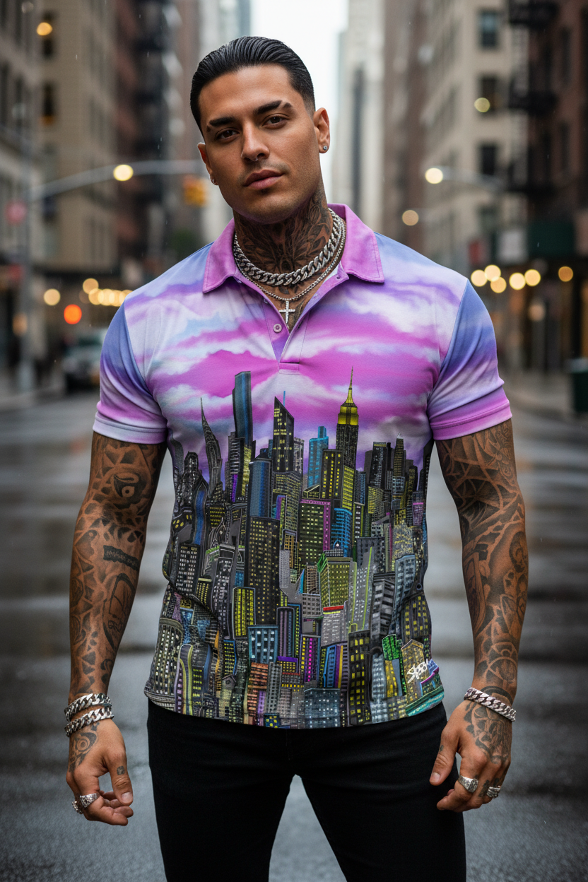 Man wearing a colorful Loria NYC Art cityscape shirt on a city street