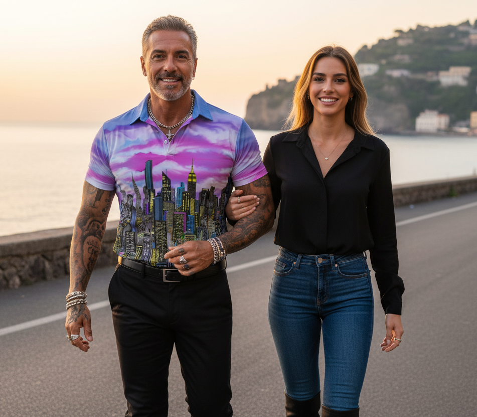Man wearing a colorful Loria NYC Art polo shirt with woman walking on a road with a scenic background
