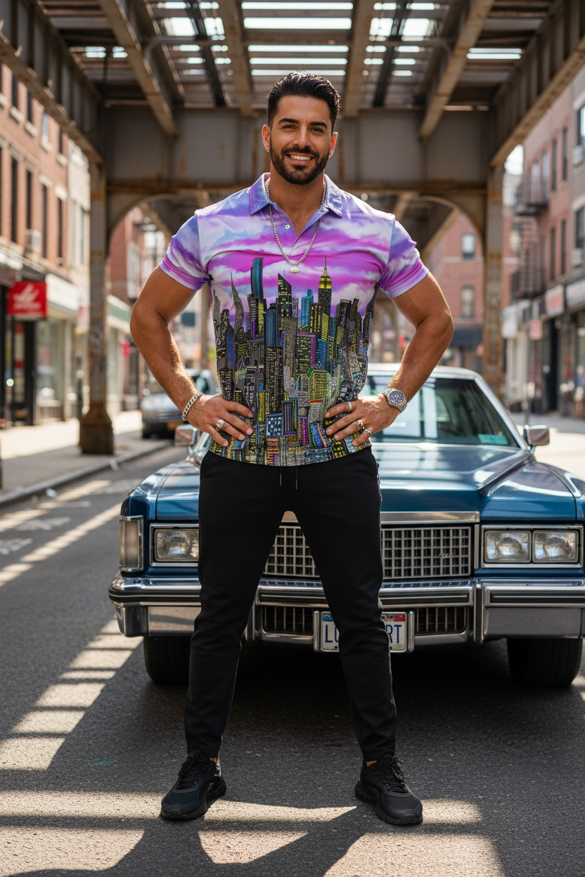 Man wearing a Loria NYC Art polo shirt standing in front of a vintage car on a city street