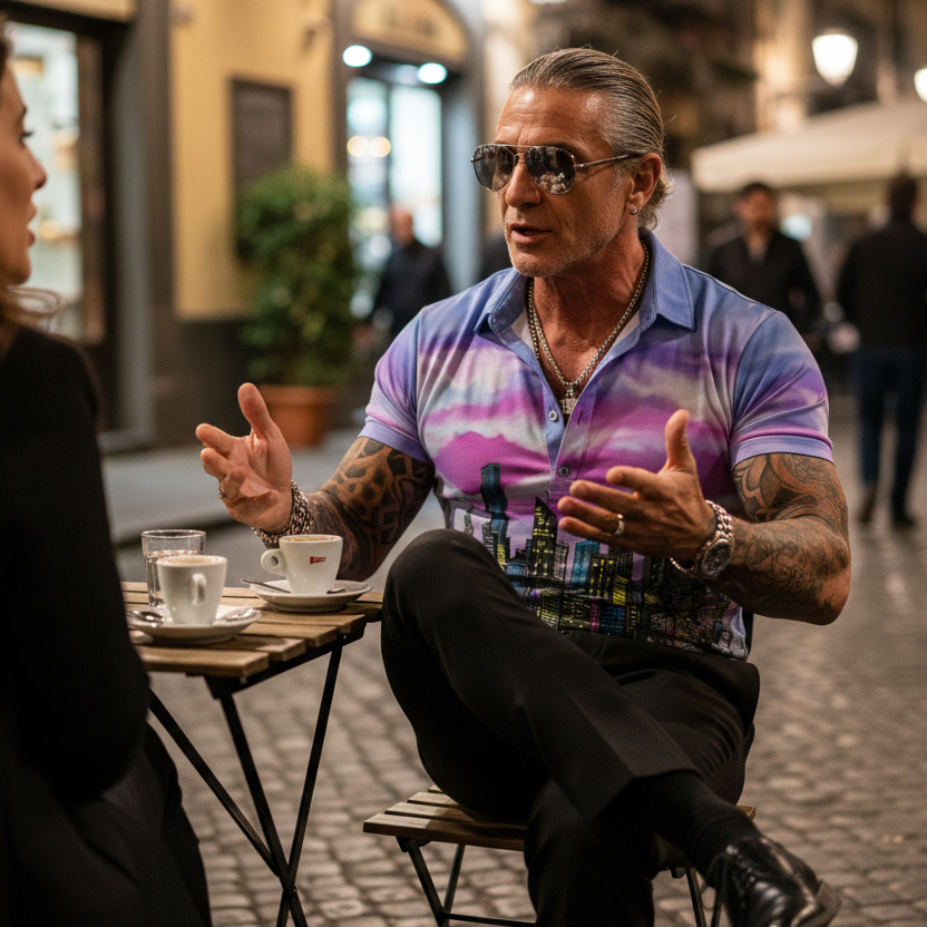 Man in colorful Loria NYC Art shirt sitting at a table on a street, engaged in conversation with another person.