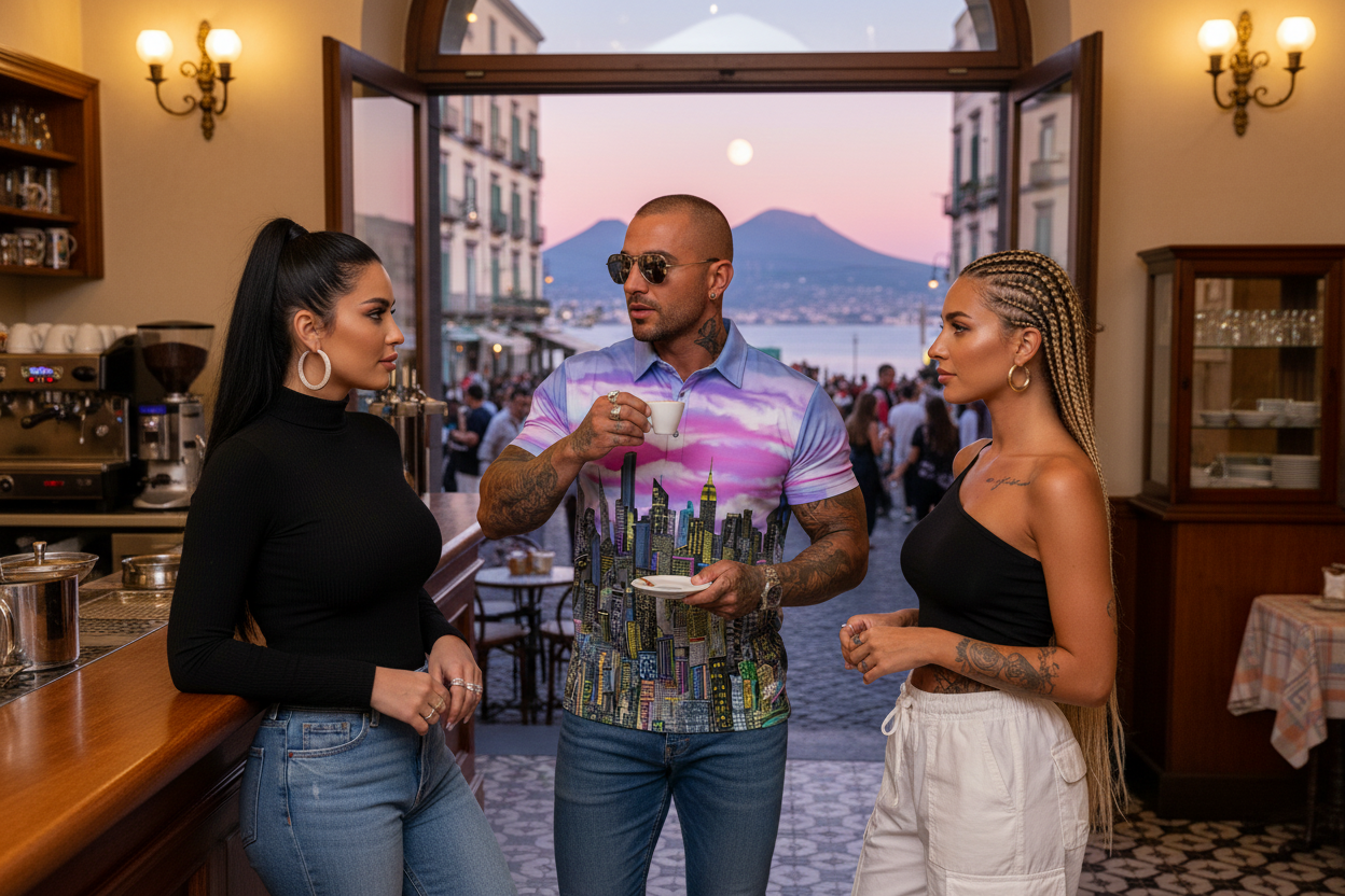 Man wearing Loria NYC Art polo shirt standing in a café with a scenic view outside