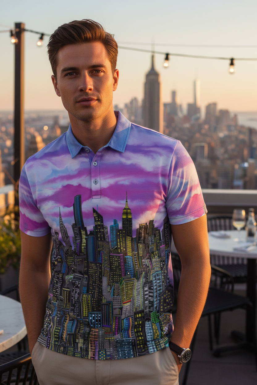 Man wearing a colorful Loria NYC Art cityscape shirt with a city skyline in the background