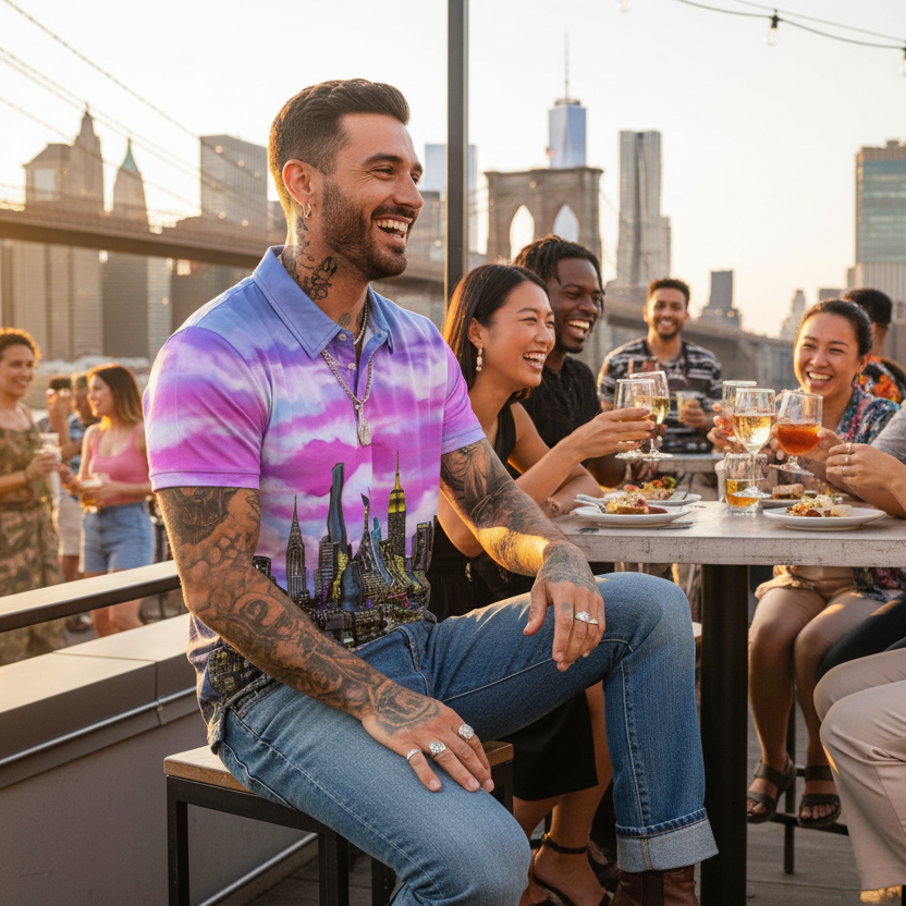 Man wearing colorful Loria NYC Art polo shirt enjoying drinks on a rooftop bar with a city skyline in the background
