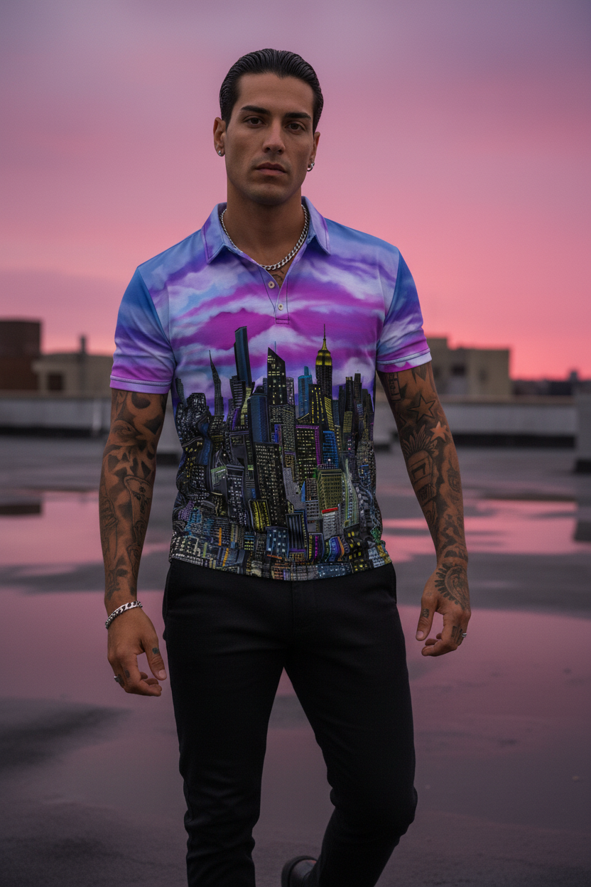 Man wearing a colorful polo Loria NYC Art shirt with a cityscape design on a rooftop 
