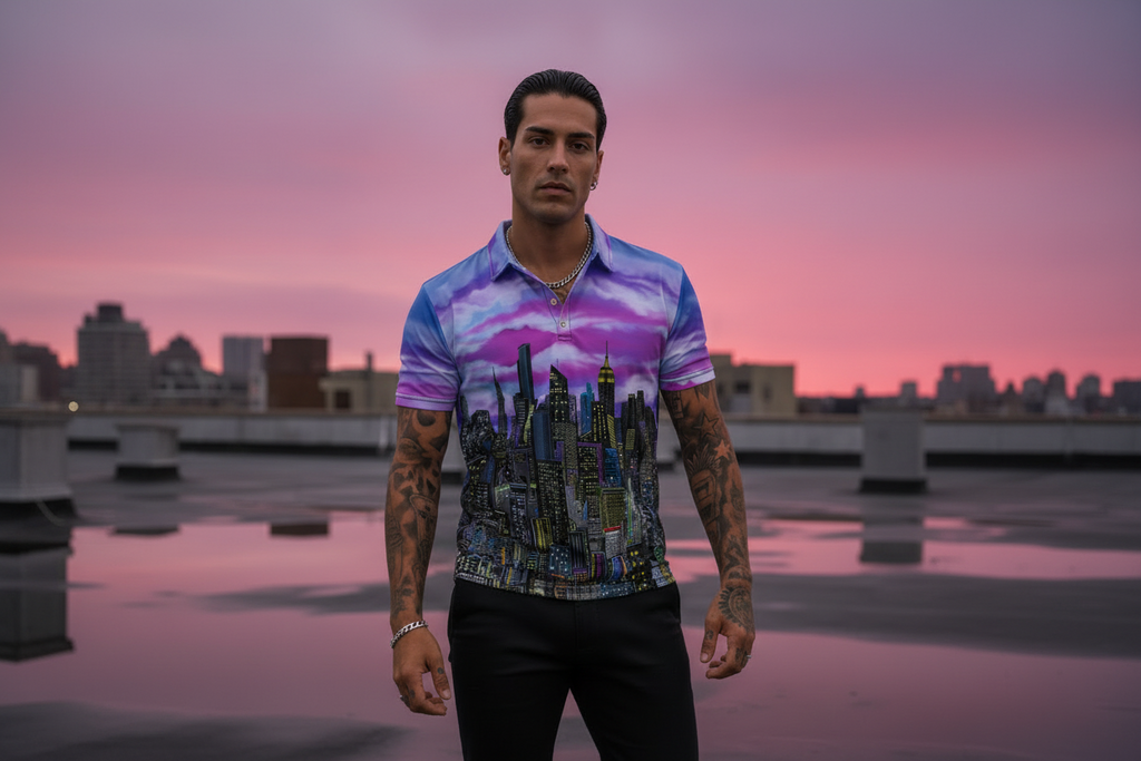 Man wearing a colorful shirt with cityscape Loria NYC Art design on a rooftop at sunset.