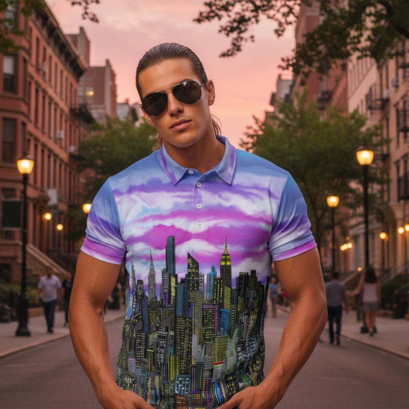 Person wearing a shirt with a Loria NYC Art cityscape design and colorful sky.