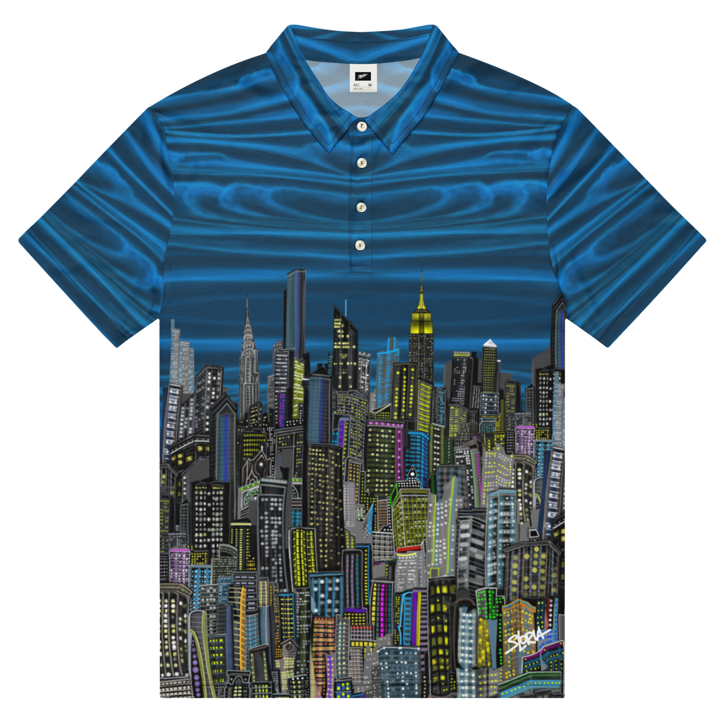 Blue short-sleeve shirt with cityscape Loria NYC Art design on a white background